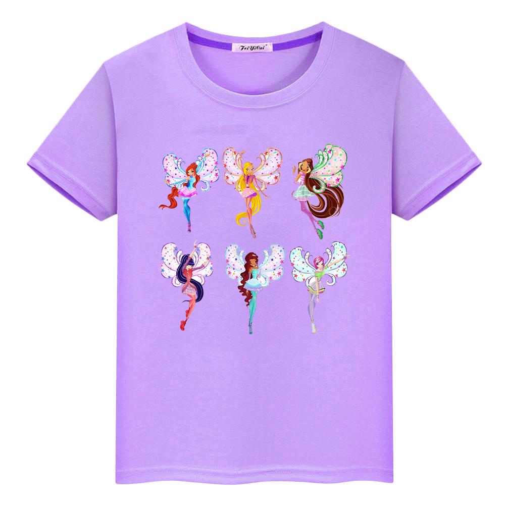 Winx Cartoon 100% Baumwolle Print T-Shirt für Kinder Jungen 10 Jahre Winx Anime Kurze süße Tops Mädchen Kleidung Y2k Stolz T-Shirt Babykleidung 100 violett