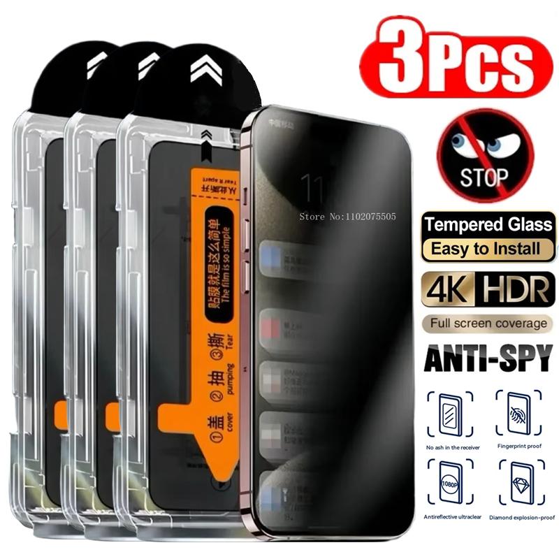 3 Stück einfach zu installieren staubdichtes Sichtschutz-Tempered Glass für iPhone 17 16 15 14 13 11 12 Pro Max Plus XR XS Displayschutzfolie Anti-Spionage iPhone 7 Plus/8 Plus reinfarbig