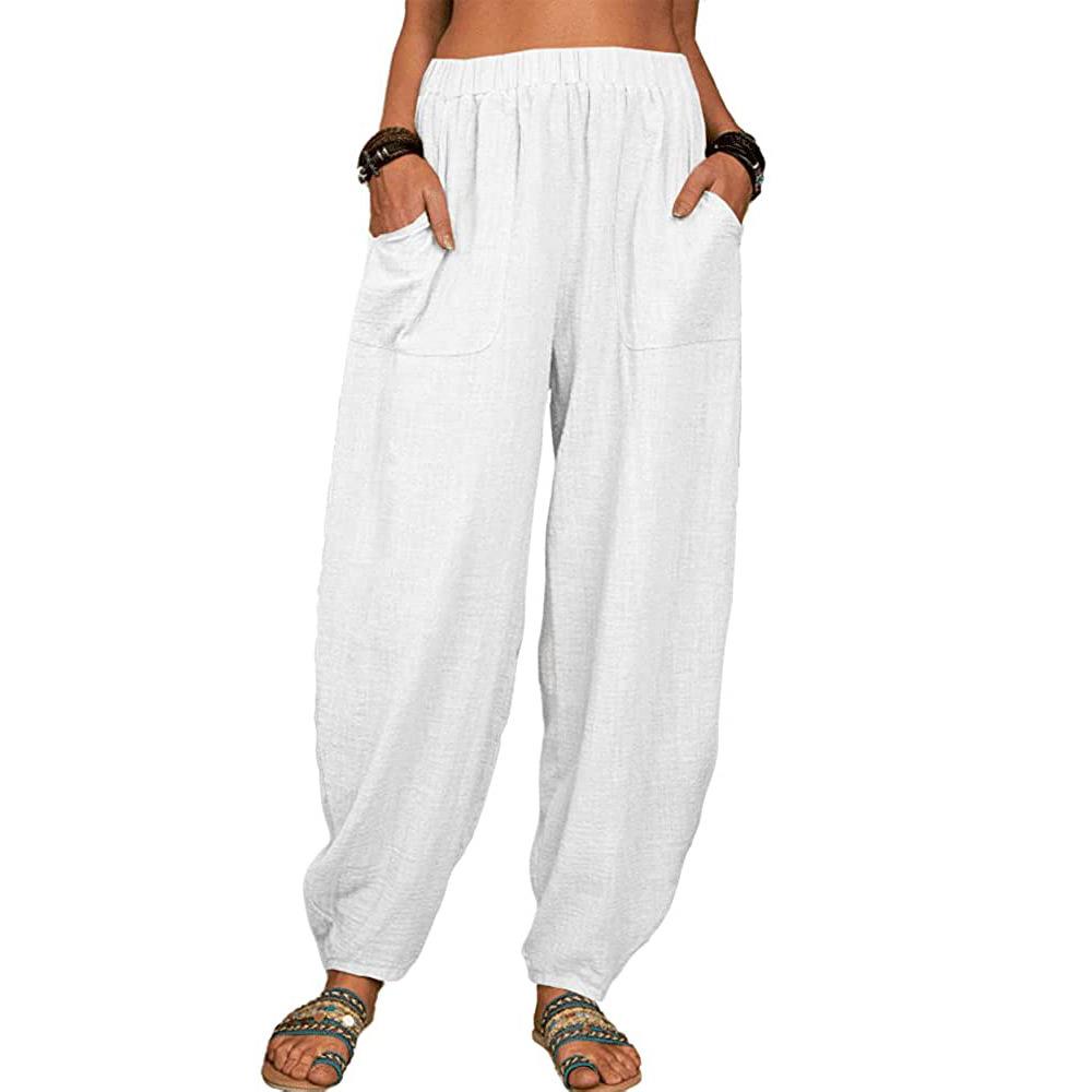 Haremshose für Damen, Sommer, lässig, Retro, große Größe, Hose aus Baumwolle und Leinen, elastische Taille, Hose mit weitem Bein, Haushose L weiß