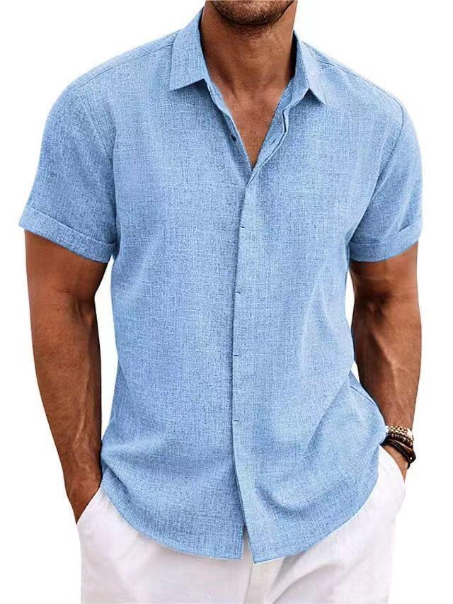Herren Baumwolle Leinen Hemden Kurzarm Button-Down Freizeit Hemd Sommer Strand Hochzeit Hemd L blau
