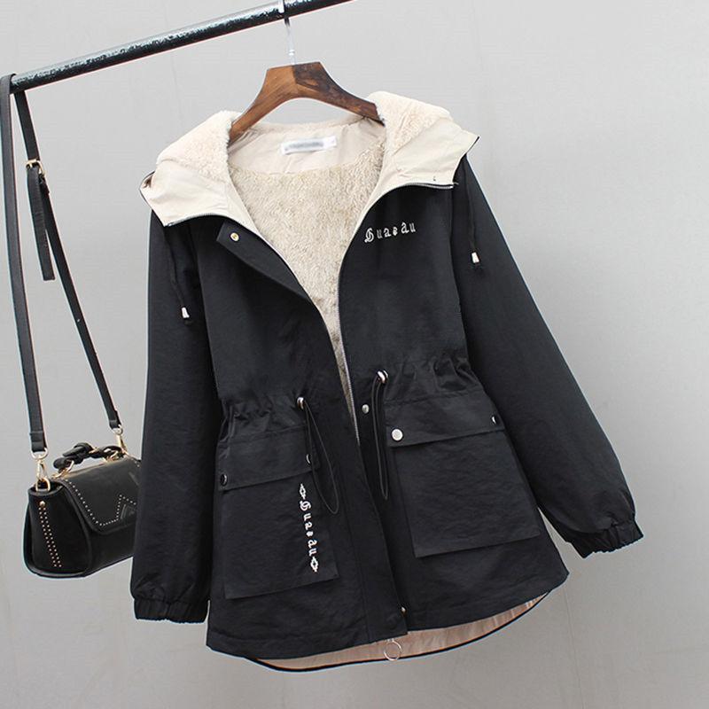 Damen Dick Warm Plus Samt Kapuzenmantel Kurz Herbst und Winter Verdickt Allround Lässige Jacke Kordelzug Windbreaker Jacken XXL schwarz