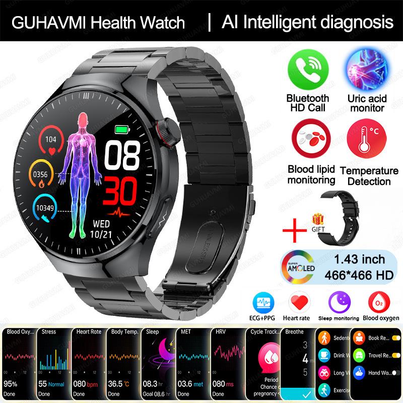 2025 Neue Smartwatch in Krankenpflegequalität Blutsauerstoff Blutfett Harnsäure EKG+PPG Körpertemperatur Bluetooth-Anruf Gesundheits-Smartwatch black-steel A