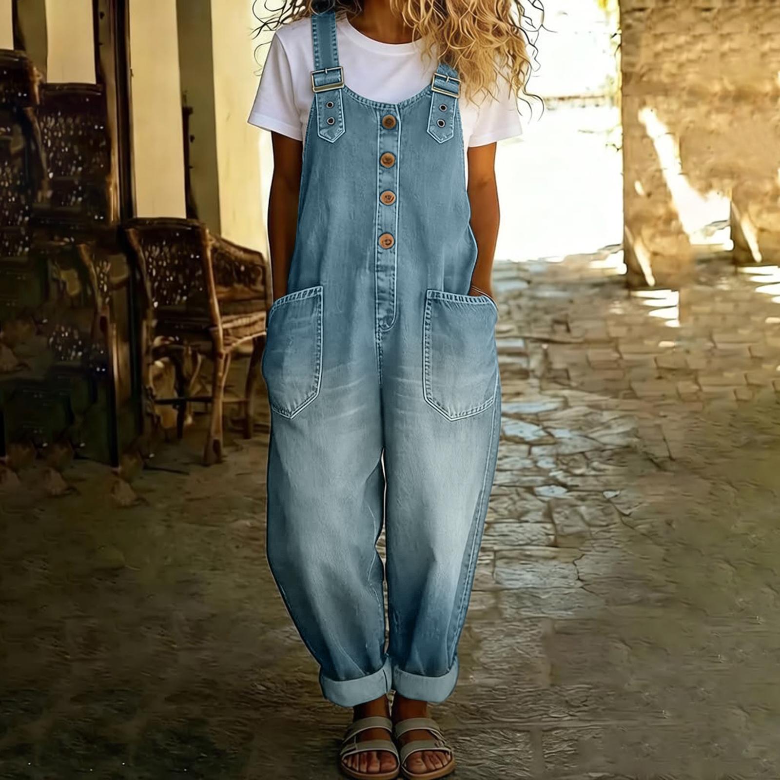 Damen Lässige Jeans Latzhose Verstellbarer Träger Jumpsuit mit Knopfleiste vorne und großen Taschen Freizeit Ärmellose Latzhose XXL