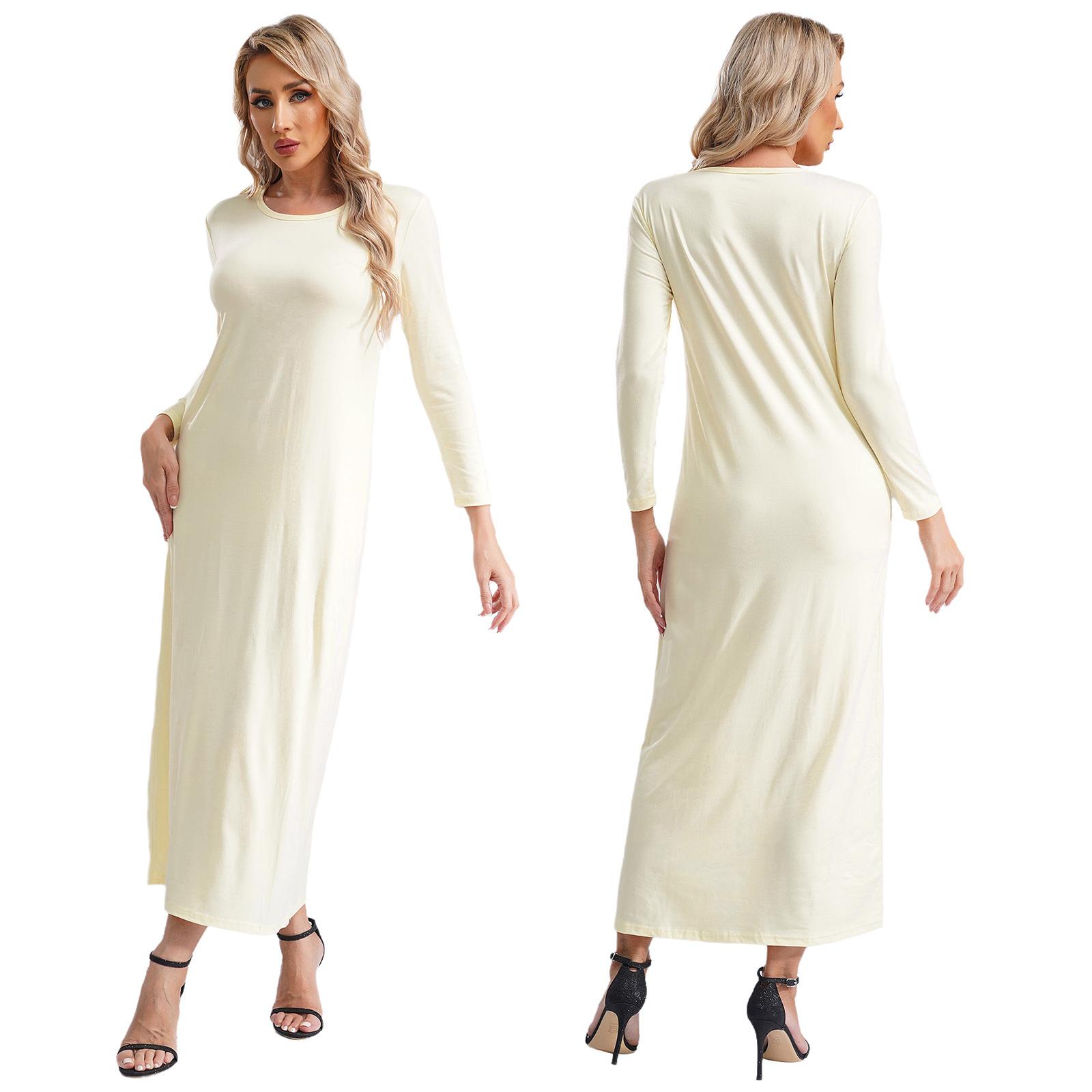 Damen Unifarbene Islamische Arabische Kleider Rundhalsausschnitt Langarm Muslimische Gebets-Langgewänder Locker Basic-Kleid für Freizeitkleidung S-M nude