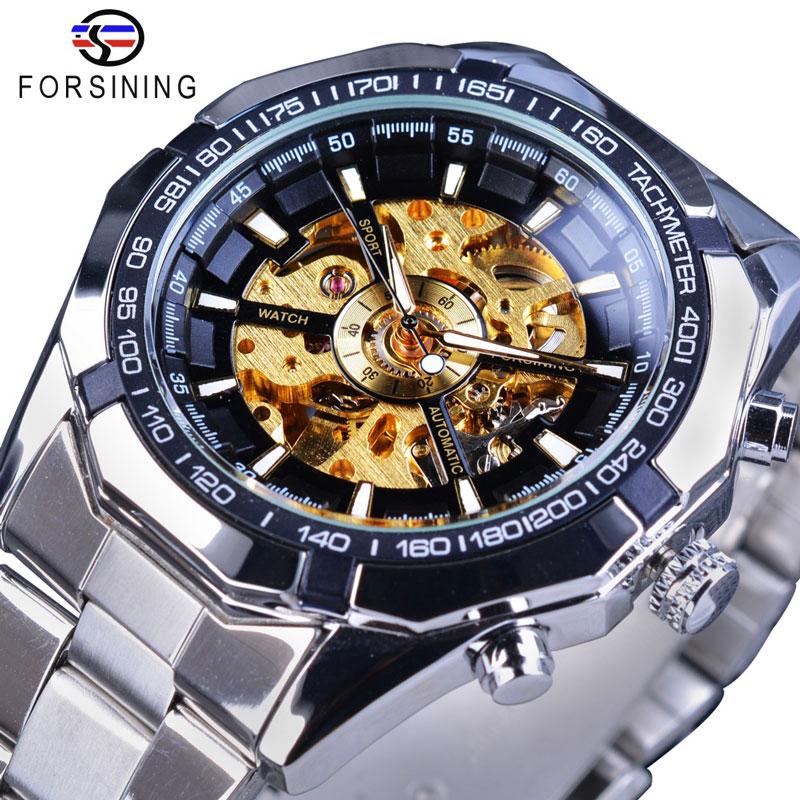 Forsining Edelstahl Wasserdicht Herren Skeleton Uhren Top Marke Luxus Transparente Mechanische Sport Männliche Armbanduhren elfenbein/gold