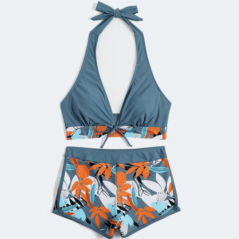 Sexy Bikinis Frauen Sommer Zwei Stück Drucken Badeanzug Weibliche Push-Up Halter Geraffte Wrap Vorne Hohe Taille Badeanzug XL blau