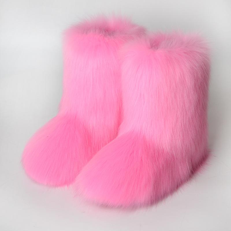 Damen Kunstfell Stiefel Winter Flauschige Plüsch Warme Mid-Calf Schneestiefel Luxus Mode Pelzige Stiefel Bequeme Outdoor Flache Schuhe 39 rosa