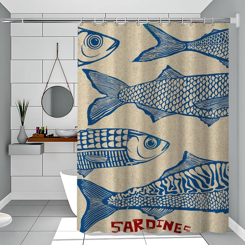 Retro Küche Fisch Blau Sardinen Rot Hummer Thunfisch Einfacher Duschvorhang Badezimmer Duschvorhang Leicht zu Reinigen Schrubben Lichtundurchlässig 180x200 cm