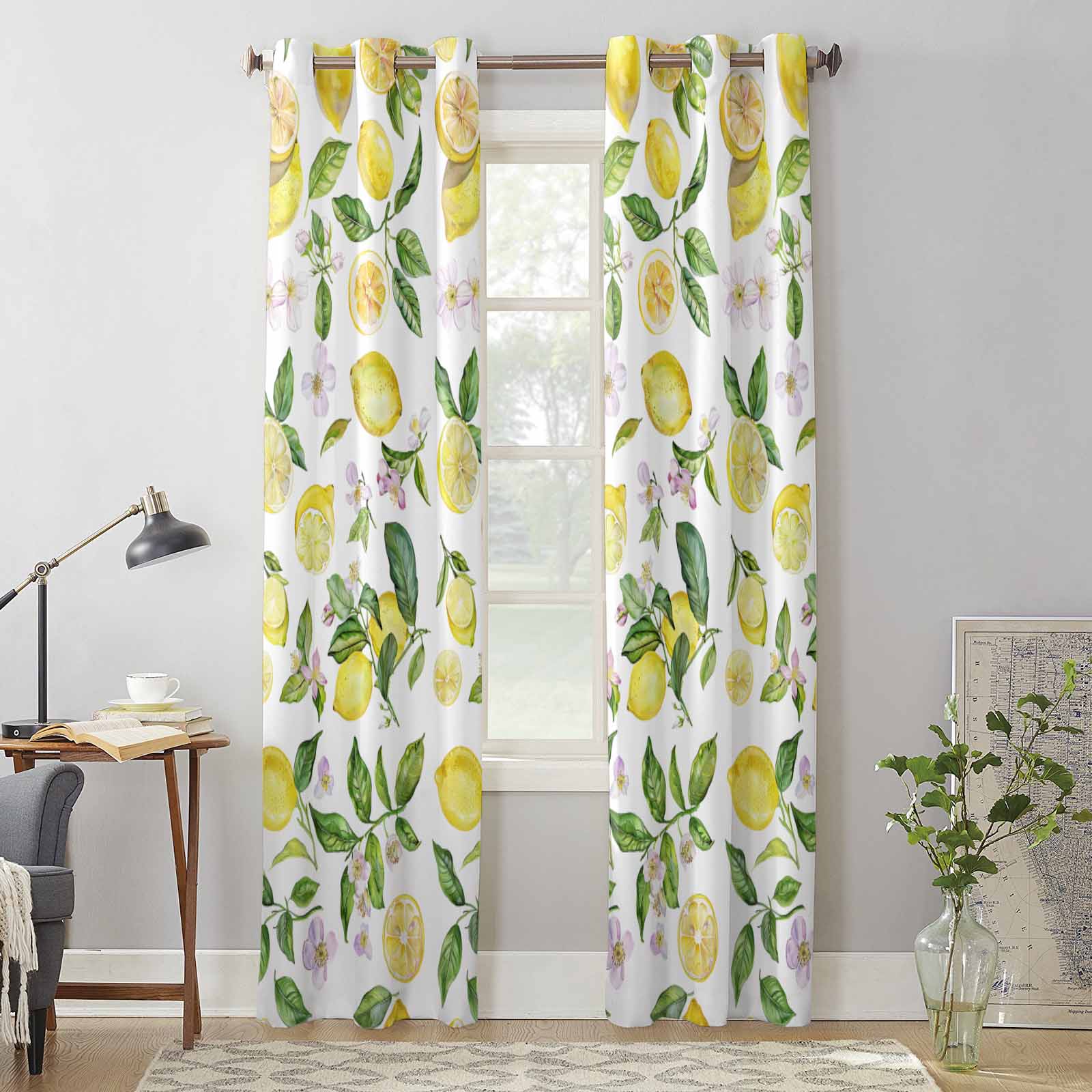 Sommer Aquarell Zitrone Vintage Fenster Vorhänge für Wohnzimmer Luxus Schlafzimmer Vorhang Küche Jalousien Vorhänge Vorhänge 135W x 215H(cm) x2