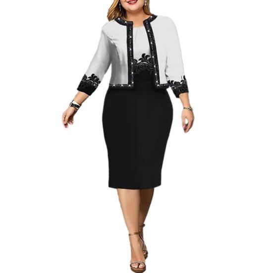 2 Teile/satz Schöne Bankett Mantel Kleid Set Blumen Drucken Pendeln Rundhals Kleid Geschäfts Situation Party Mantel Kleid Set Weibliche kleidung 5XL schwarz