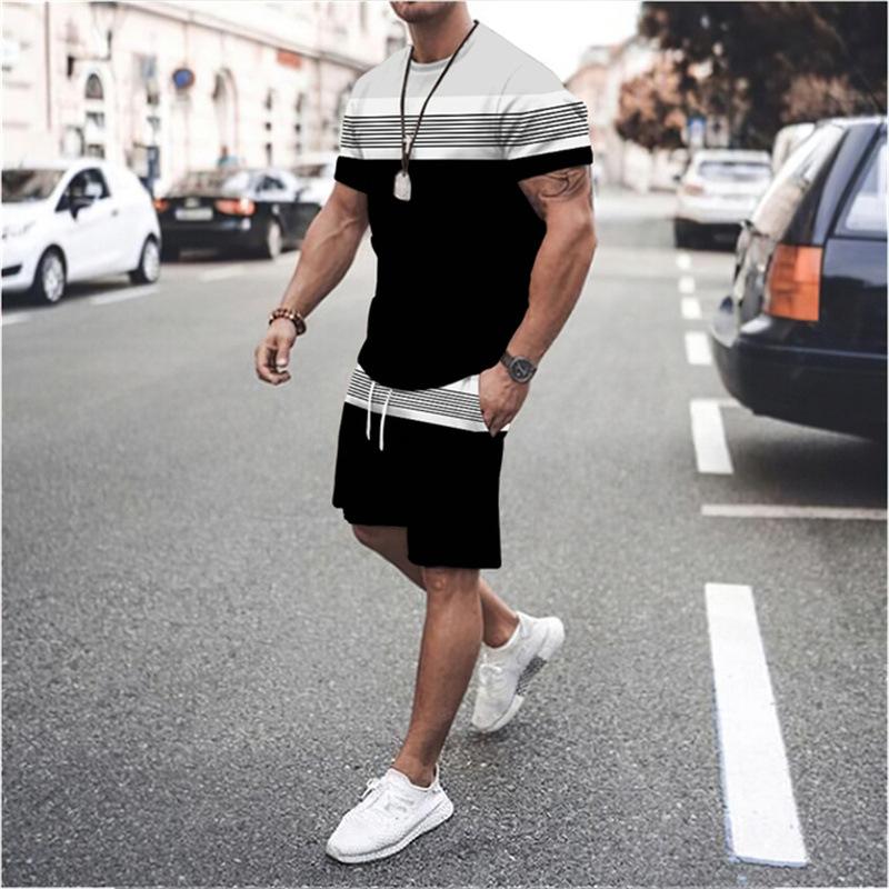 Gradienten Streifen 3d Druck Sommer Männer Set Oansatz T shirts + Shorts 2 Stück 2023 Neue kurzarm Mann Outfits mode Trainingsanzüge Anzug XXXL