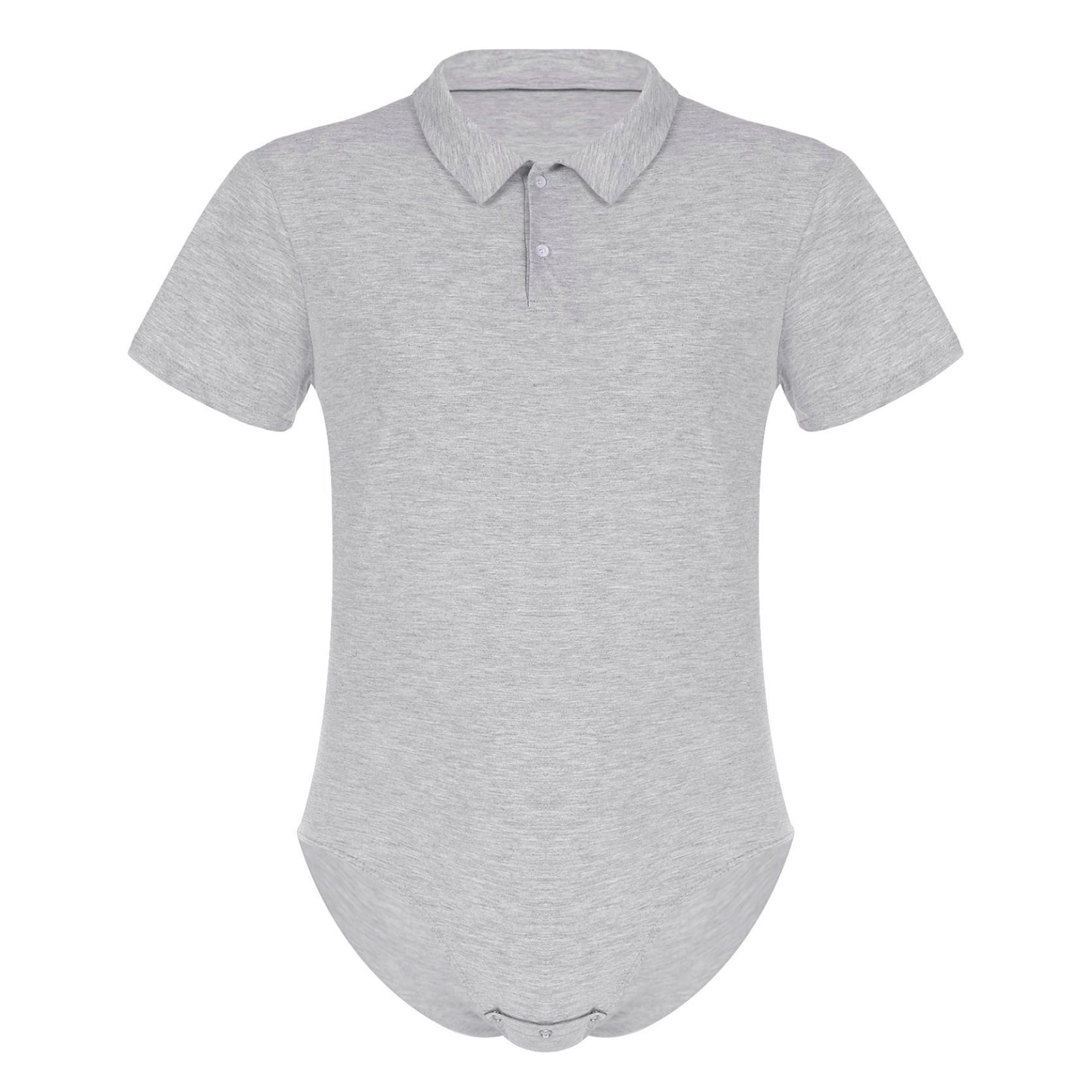Herren Kurzarm Umlegekragen Druckknopf Schritt Hemd Tops Pyjamas Bodysuit Catsuit Männliche Unterwäsche XXL grau