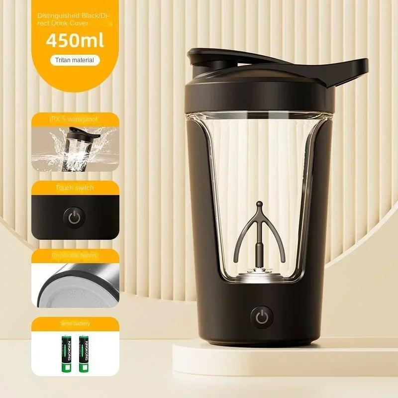 450 ml elektrischer tragbarer Protein-Shaker-Flasche, vollautomatischer Rührbecher, wiederaufladbarer Fitnessstudio-Cocktail-Mixer für Proteinpulver Battery version schwarz