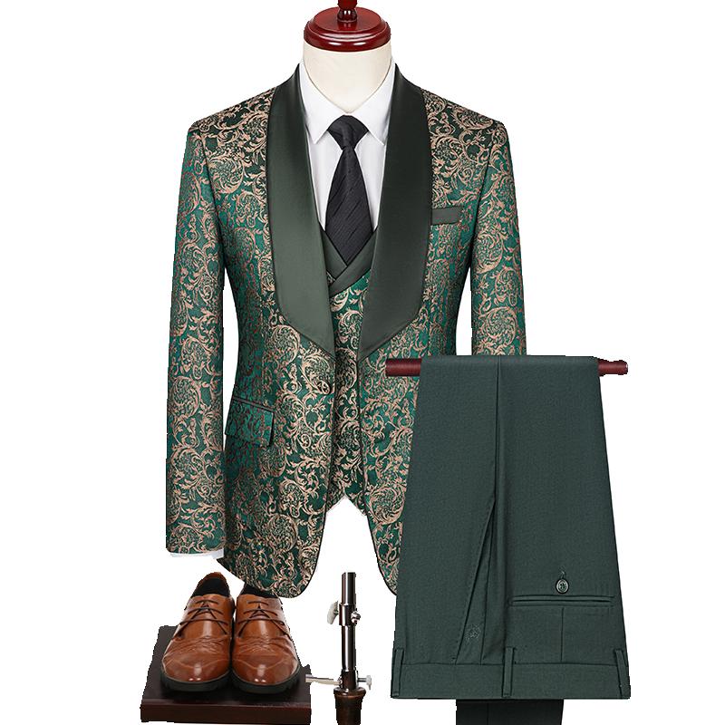 Frühling Herren (Anzug + Weste + Hose) Britischer Stil Business Casual Dreiteiler Hochdichtes Jacquard Hochzeitskleid XXXXL grün