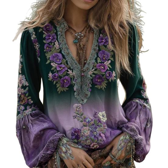 Damen Hemd Oversize V-Ausschnitt Langarm Lässig Frühling Herbst Hemd 3D Blumenmuster Gedruckt Entspannte Passform Hemd Tägliche Kleidung S