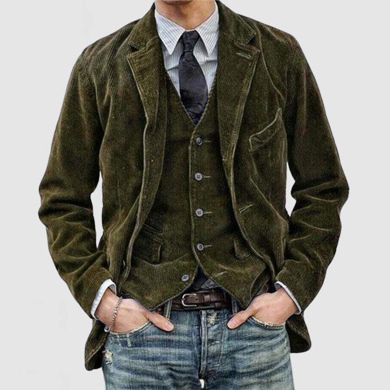 Herbst Herrenbekleidung Cord Einfarbig Anzug Herren Modische Casual Anzug Kragen Casual Jacke XXXL dunkelgrüne