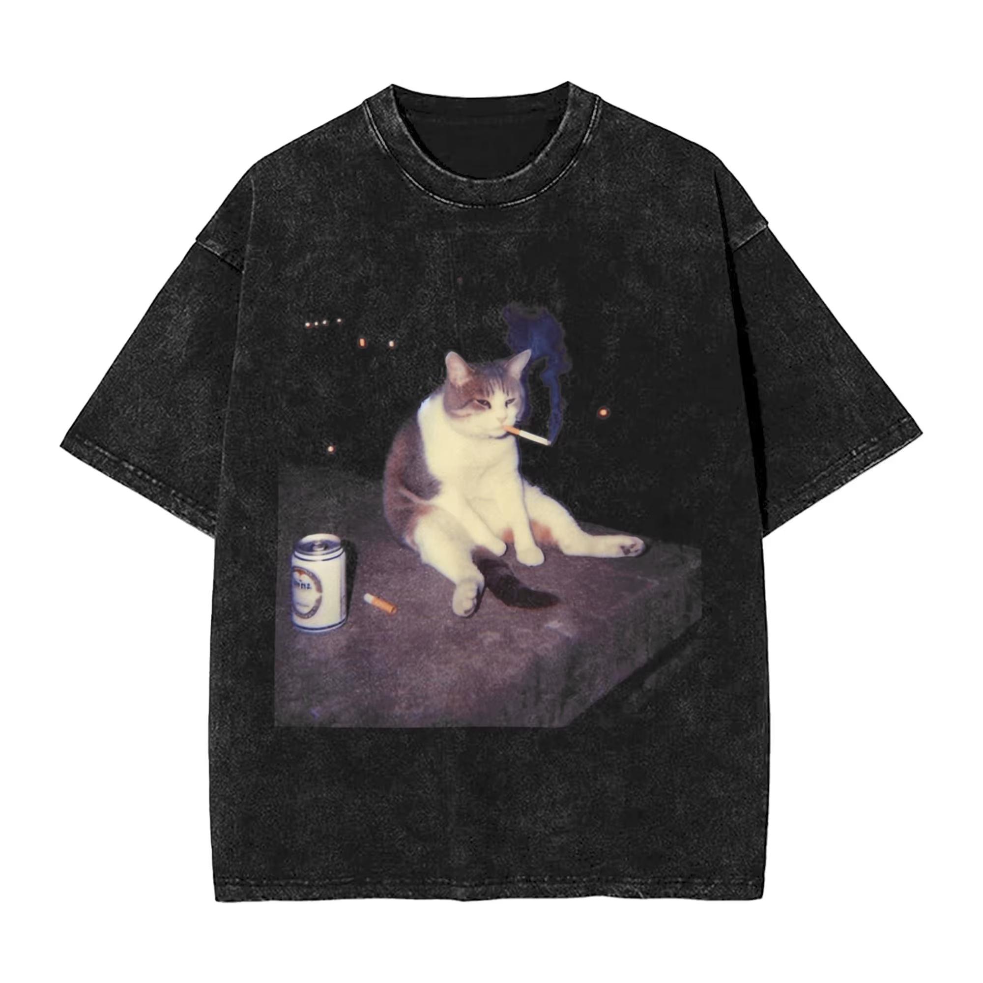 Zigaretten Kätzchen Lustige Rauchende Katze Meme Männer Frauen T-Shirts Baumwolle Crazy Oversized T-Shirt Vintage Hip Hop Streetwear Kurzarm XL