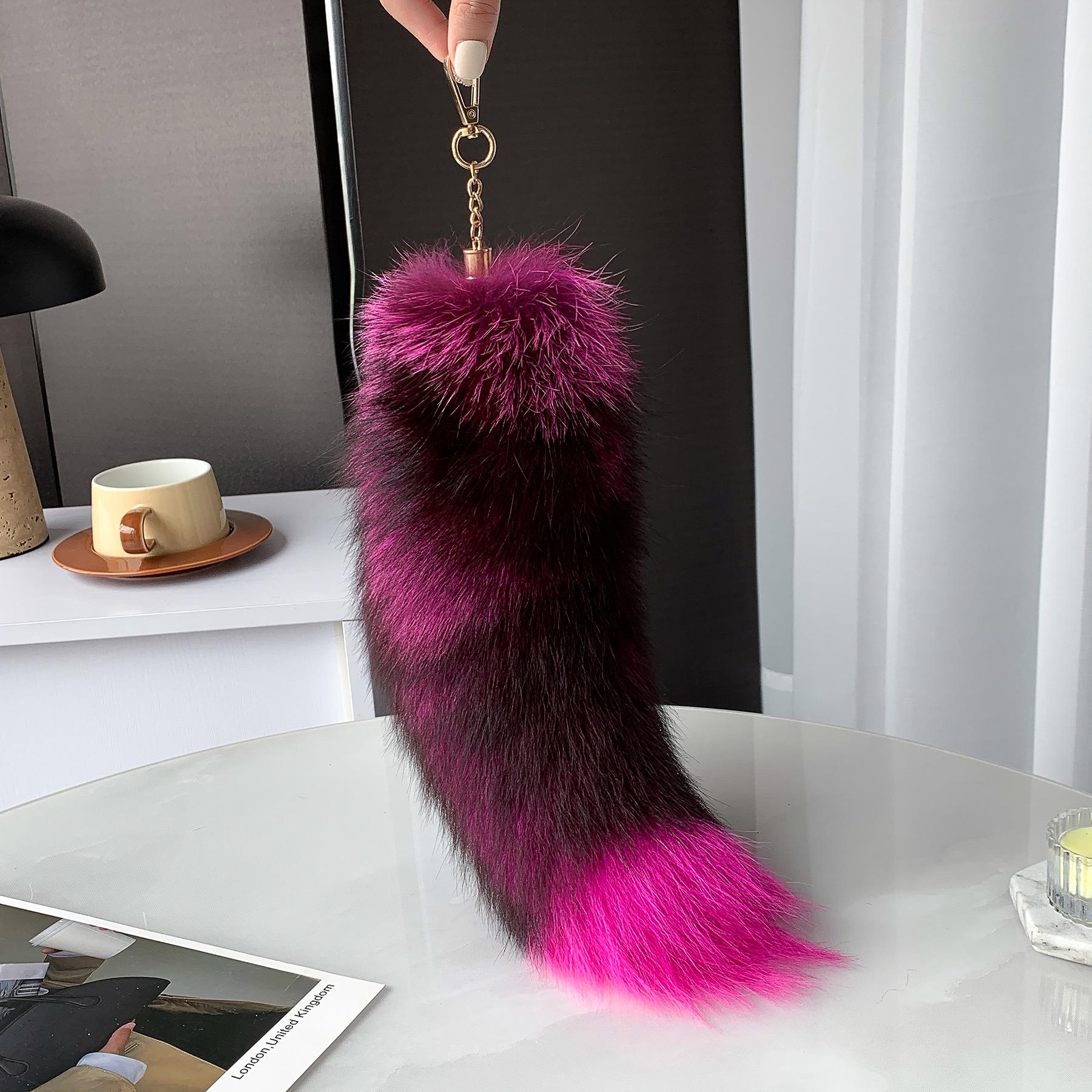 40cm Echter Fuchsschwanz Schlüsselanhänger Unisex Pompon Anhänger Taschenanhänger Auto Schlüsselanhänger Niedliche Flauschige Schlüsselanhänger für Frauen Taschenzubehör Geschenke rose rot