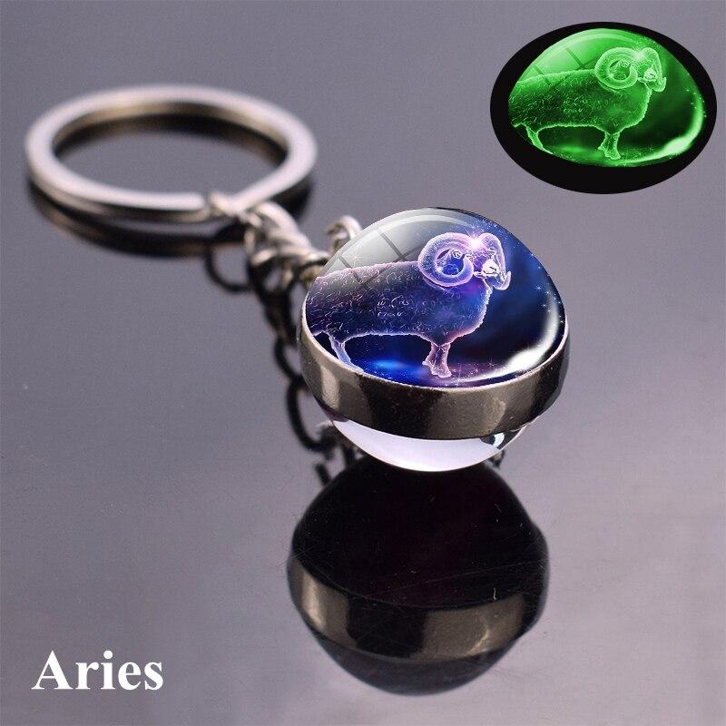 12 Konstellation Leuchtender Schlüsselanhänger Glaskugel Anhänger Sternzeichen Schlüsselanhänger Schlüsselanhänger Halter Männer Frauen Geburtstagsgeschenk Aries blau