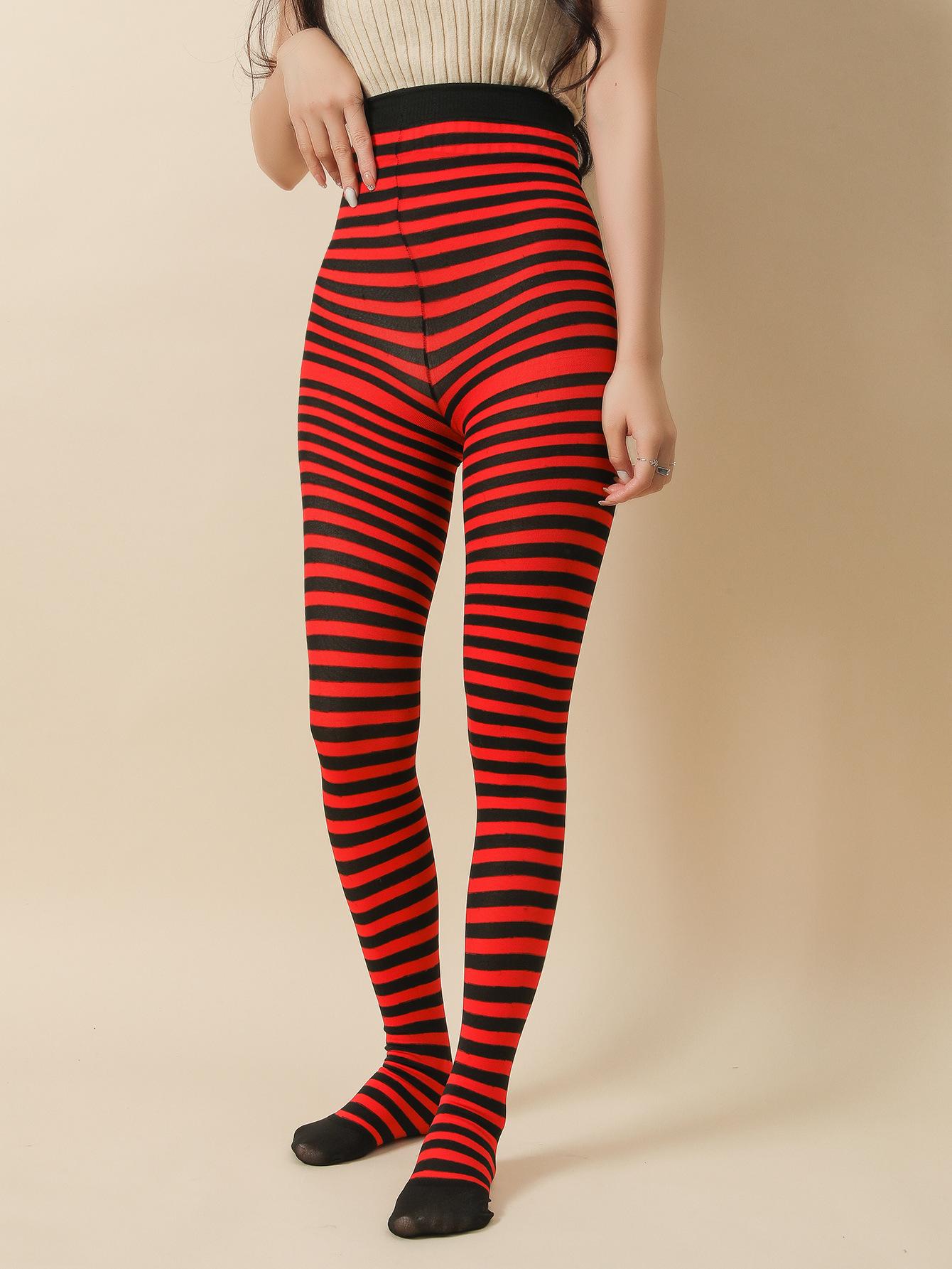 Gothic Stil Punk Damen Gestreifte Strumpfhosen Regenbogen Lange Strumpfhosen Halloween Weihnachtsfeier Make-up Hohe Taille Cosplay Strümpfe Strumpfhosen One Size red