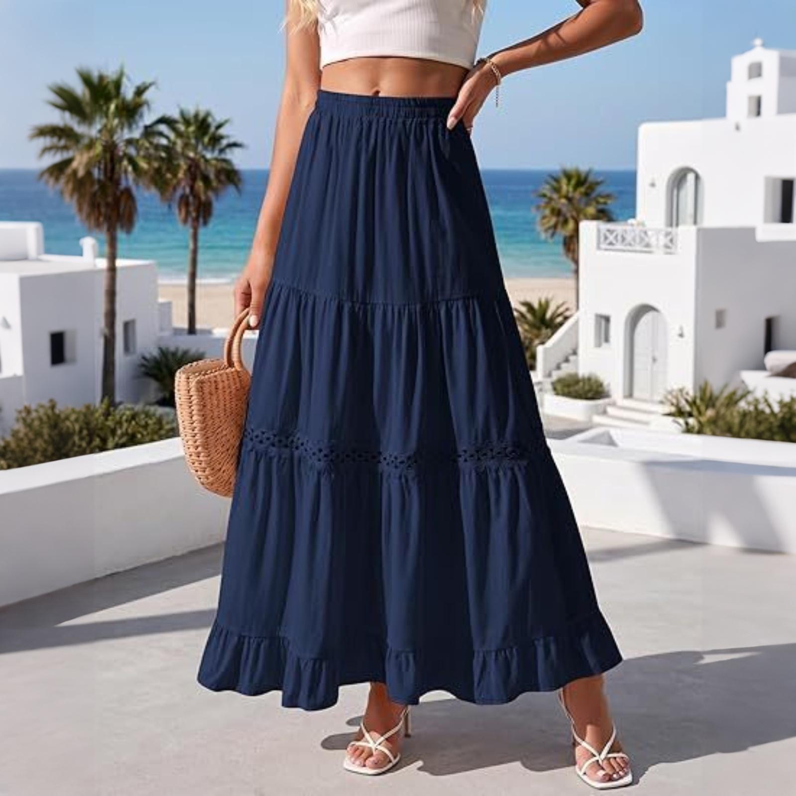 Damen Lang Baumwolle Rock Elastischer Bund Spitze Besatz Mehrlagig A-Linie Maxi Rock Leicht Plissiert Halblang Rock Freizeit Sommer Rock XXL dunkelblaue