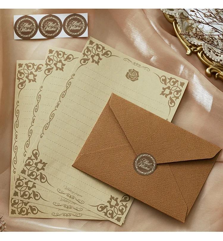 Europäischer Hofstil, Retro-Leinenumschlag, Briefpapier, Wachs-Feuersiegel-Set für Liebesbriefe, Festivals, Hochzeitseinladungen, Kraftpapier