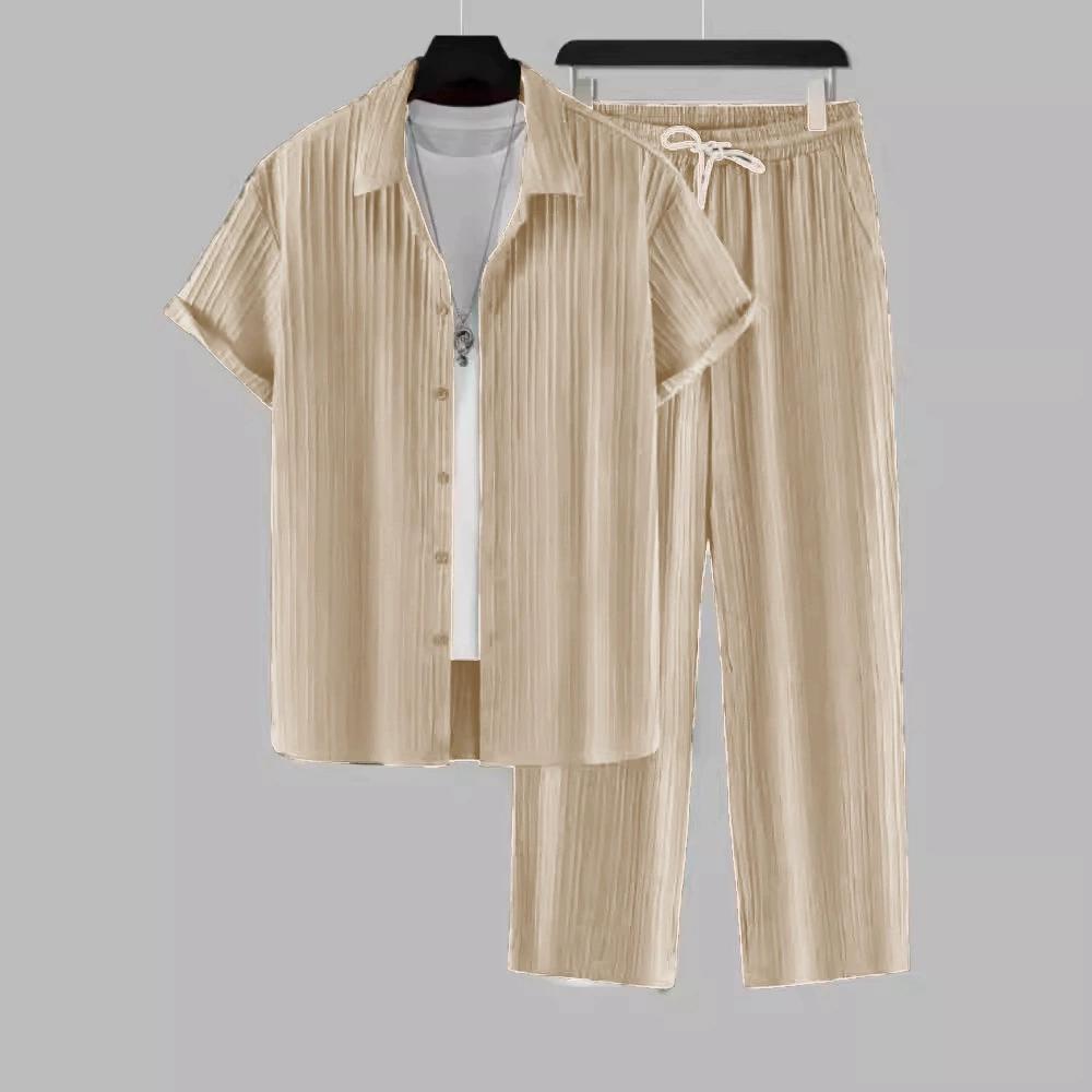 Sommeranzug für Herren Herren Sets Trainingsanzug Set Herren gestreiftes Kurzarmhemd mit Knopfleiste und Kragen, Jogginghosen-Set XS beige