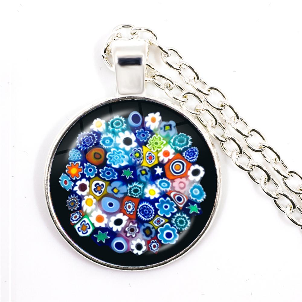 Murano Millefiori Anhänger Halskette Mehrfarbige Blume 25mm Glas Cabochon Halskette Schmuck Für Frauen Männer Geschenk blue