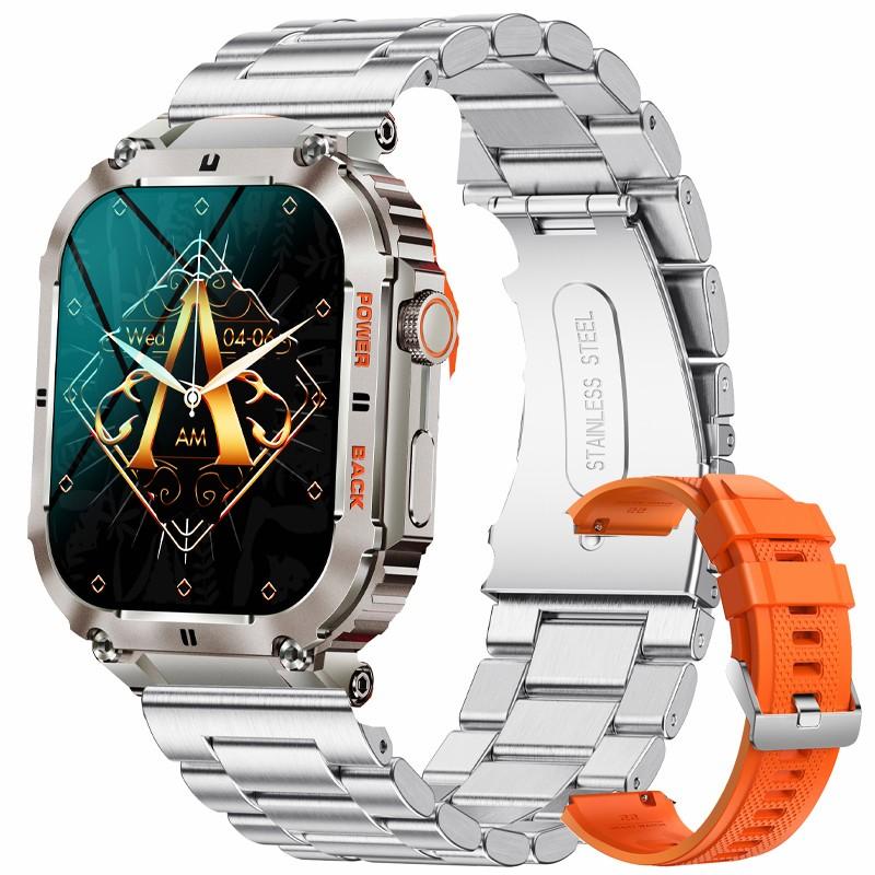 LIGE Neue Smartwatch, 1,96 Zoll, quadratisch, großer Bildschirm, Bluetooth-Anruf, Smartwatch, Sport, Fitness, Gesundheits-Tracking, wasserdichtes Smart-Armband Steel strap silber