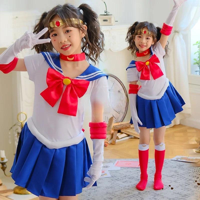 Sailor Kostüm Moon Usagi Tsukino Cosplay Kostüme Kinder Mädchen Niedlich Kurzarm Kleid Handschuhe Socken Halloween Karneval Kleidung 120