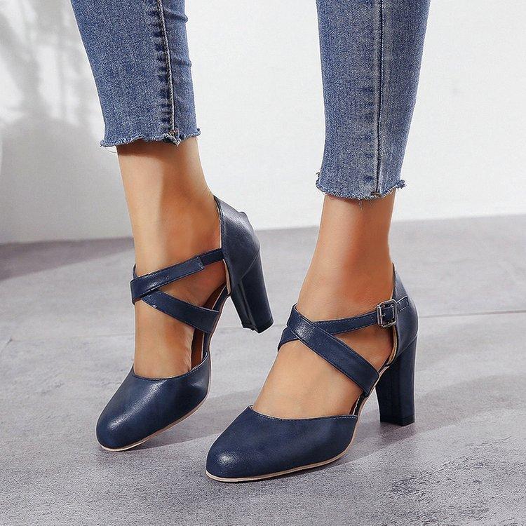 Sandalen, Damenschuhe mit runder Spitze und einem Knopf, Damenschuhe, dicke Absätze, High Heels 43 blau