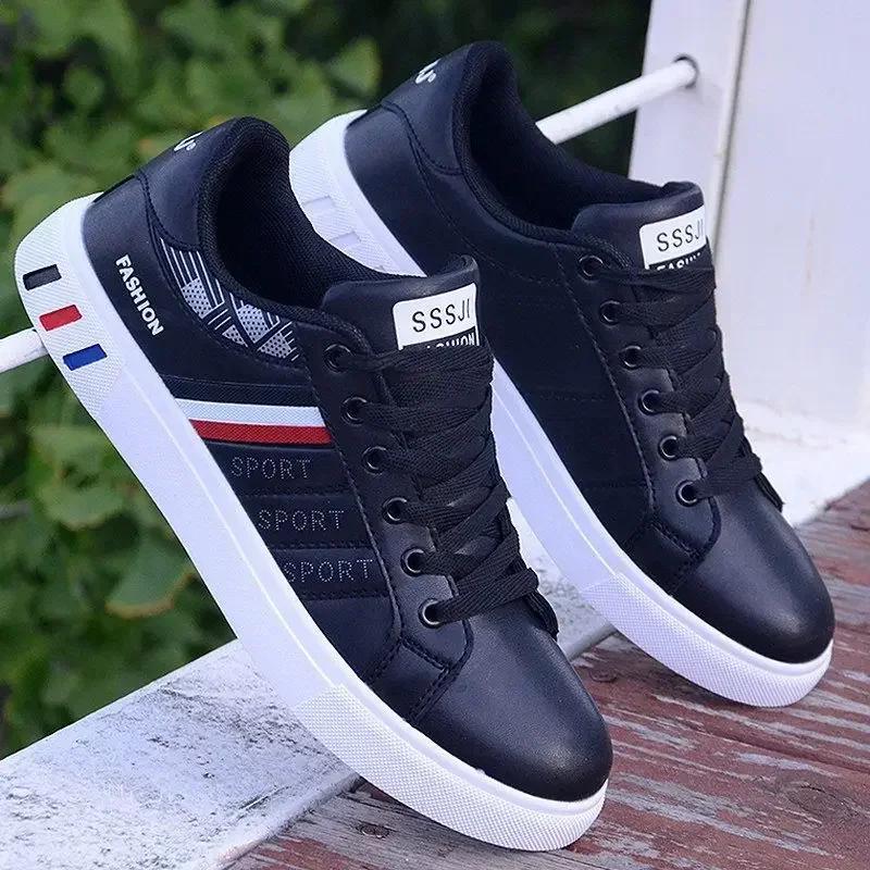 Herren Sneakers Freizeitschuhe Herren Flats Zapatillas Hombre Leichte Pu-Leder Atmungsaktive Schuhe Herren Weiß Sport Tenis Schuhe 43 schwarz