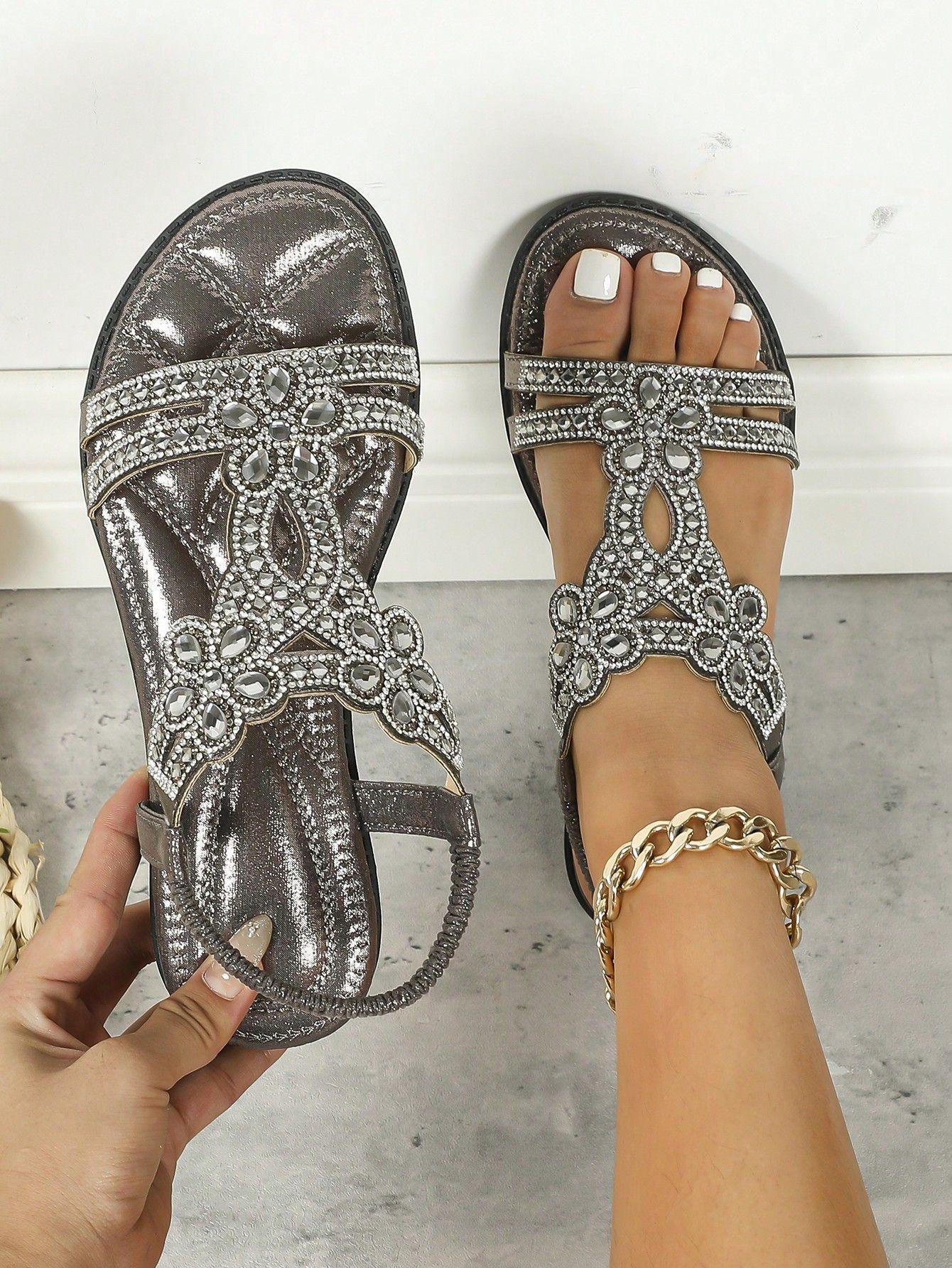 Mode Damen Übergröße hohle Sandalen Mode Strass flache Schuhe Böhmischer Stil bequeme Damenschuhe Sommer lässiger atmungsaktiver Schuh 42 dunkelgraue