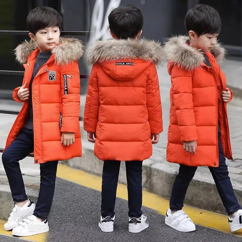 Kinder Winter Daunenjacke Jungen Kleidung Dicker Warmer Kapuzenmantel Kinder Parka Winter Teen Kleidung Oberbekleidung Schneeanzug 3-14 Jahre 150 orange