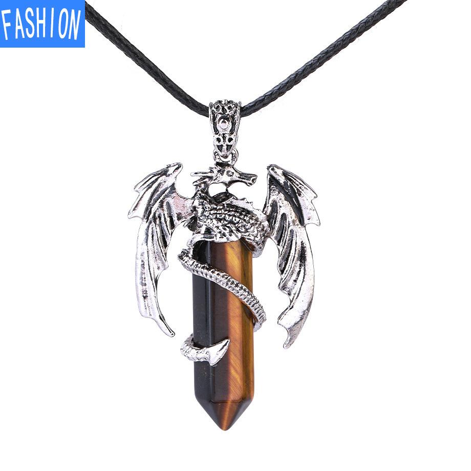 Drachen-Anhänger-Halskette für Männer und Frauen, coole Heilkristall-Amethyst-Halskette, natürliche Rosenquarz-Halskette, westlicher Drachen-Schmuck Tiger Eye