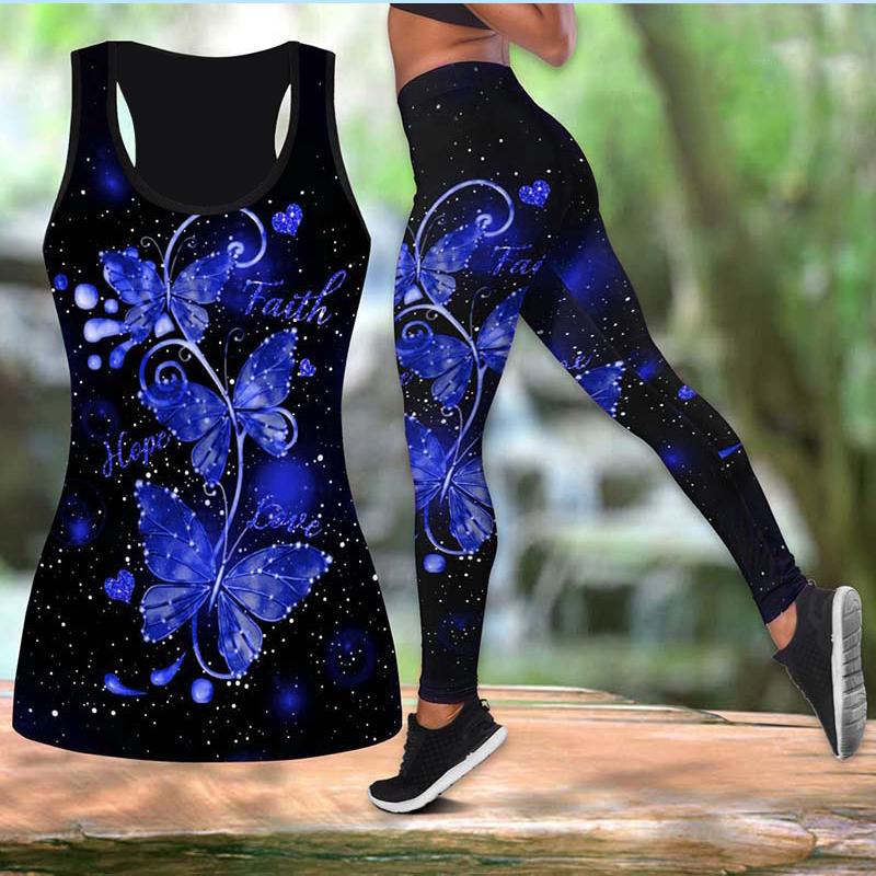 Yoga-Outfit mit Schmetterlingsblatt-Aufdruck für Damen, modische 3D-gedruckte Workout-Leggings, Fitness, Sport, hohe Taille, lässige Yoga-Hose 3XL blau