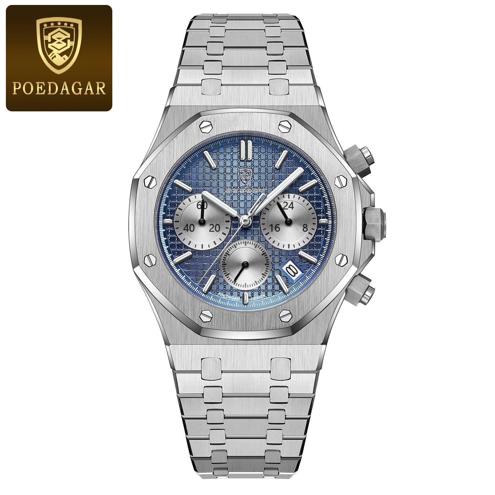 POEDAGAR Herrenuhren Feiner Stahl Modische Original-Quarzuhr für Männer Wasserdicht Leuchtende Datums-Chronograph Luxus-Armbanduhr hellblaue/silber
