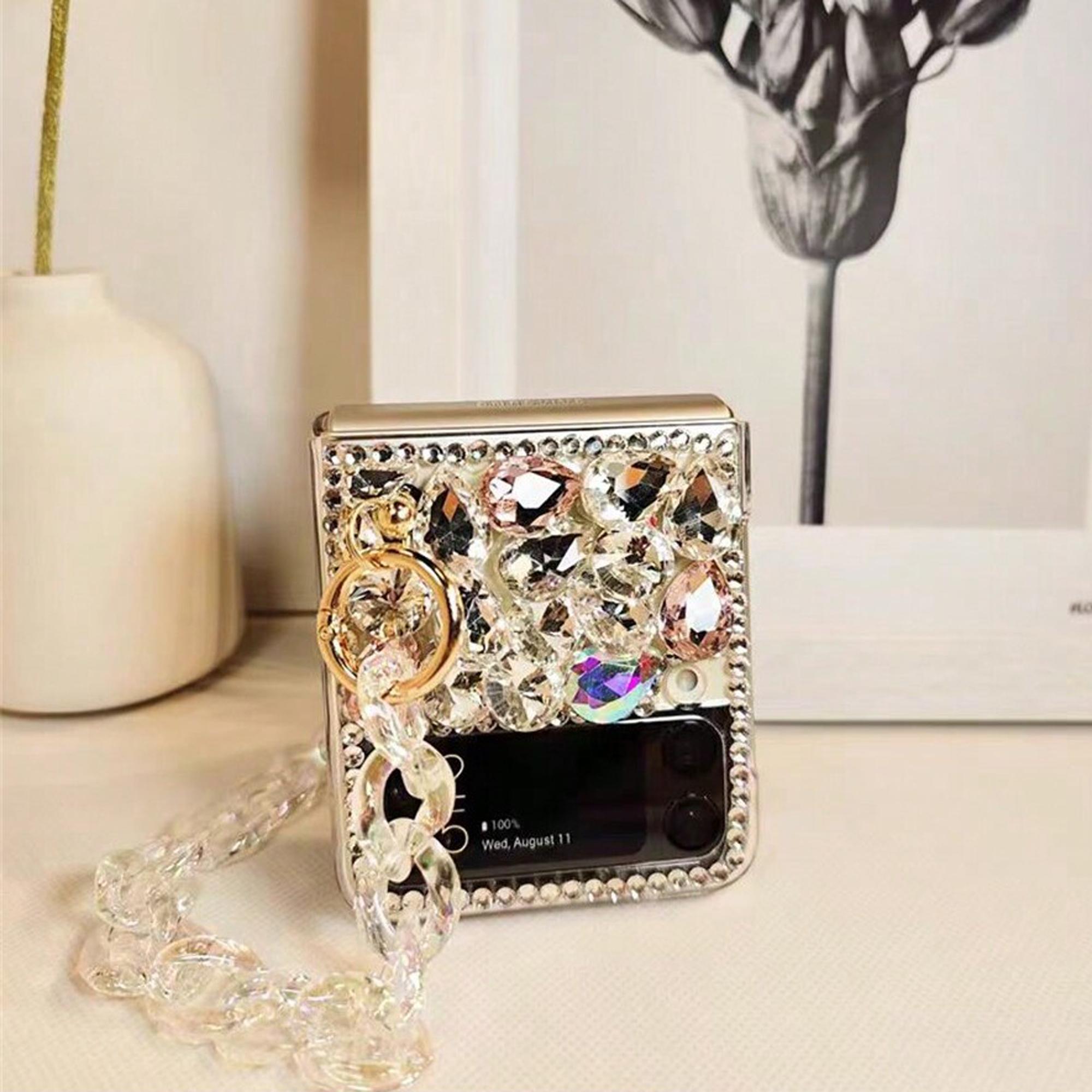 Für Samsung Galaxy Z Flip 3 4 5 Handyhülle Luxus Vollbild Diamant High-End Faltbildschirm Und Handyhüllenkette Samsung Galaxy Z Flip 5 beige