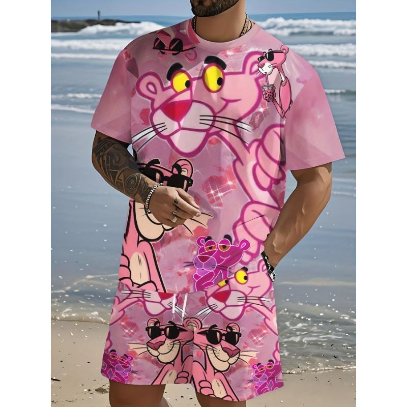 Herren Neue Sommermode Pinker Leopardenmuster 3D-Druck Freizeitkleidung - Kurzarm-T-Shirt mit Shorts, Maschinenwaschbar, Streetstyle M