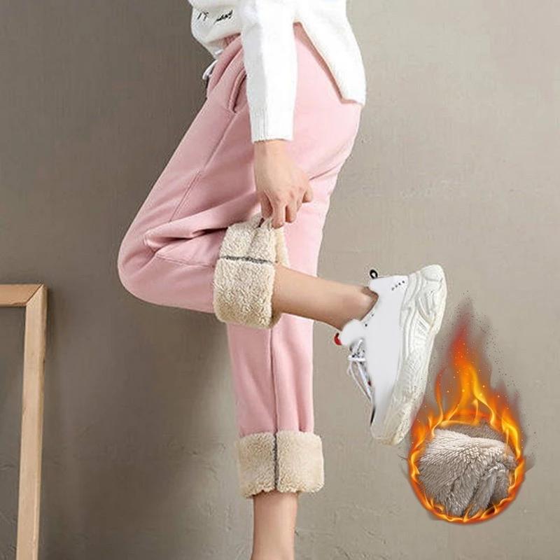 2022 mode Frauen Winter Warme Lange Hosen Fleece Dicke Leggins Solide Plus Größe Elastische Spitze-up Casual Jogginghose Harem hosen Casual Hosen XL rosa