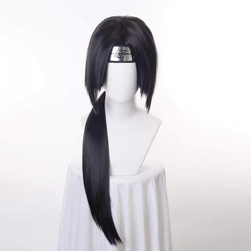 Anime Itachi Uchiha lange gerade schwarze Uchiha Itachi Cosplay Perücke hitzebeständige synthetische Perücken + Stirnband + Perückenkappe Wig&Headband schwarz