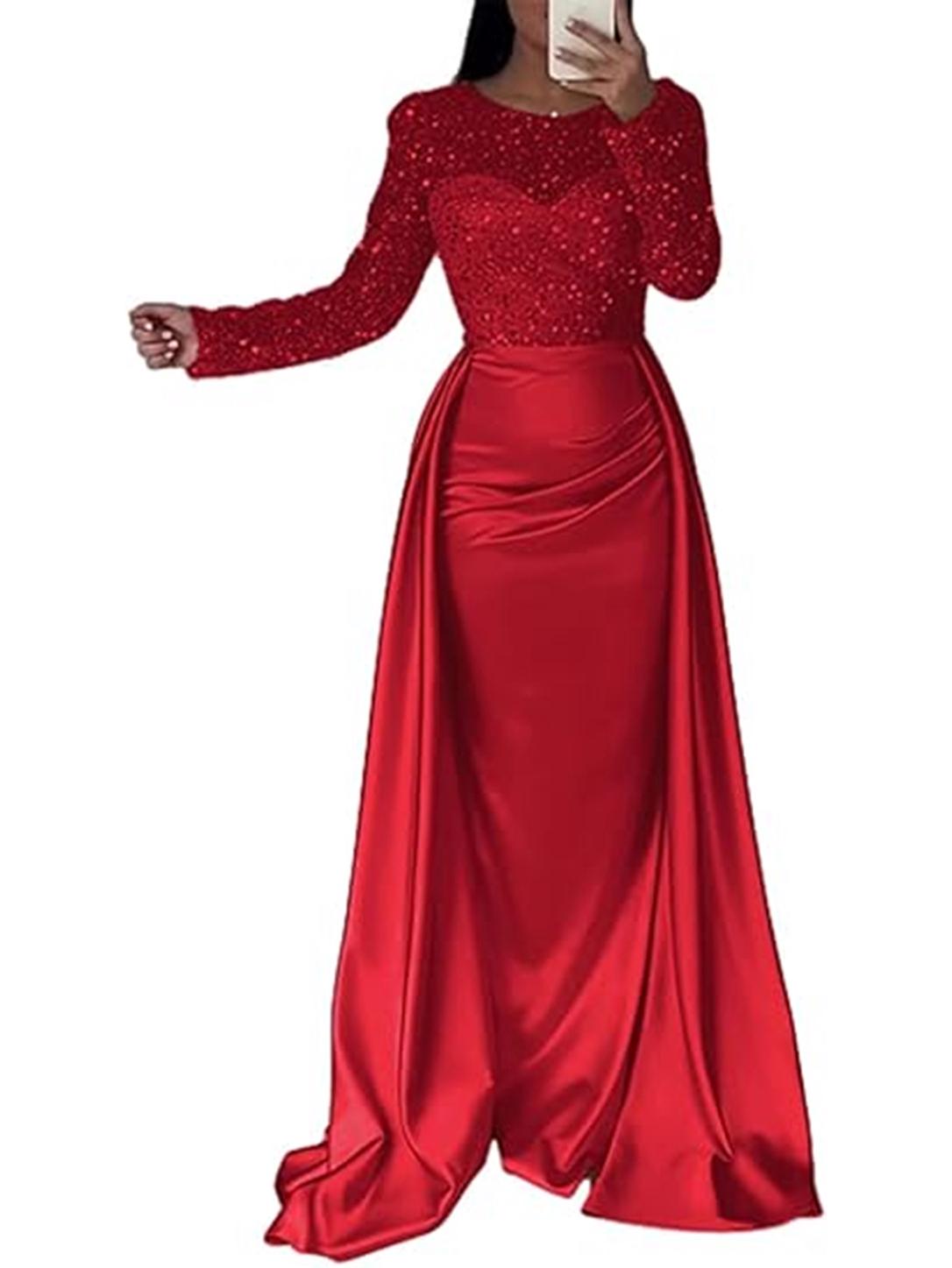 2026 Glamouröses Damen-Pailletten-Gala- und Abendkleid mit langen Ärmeln XXL rot