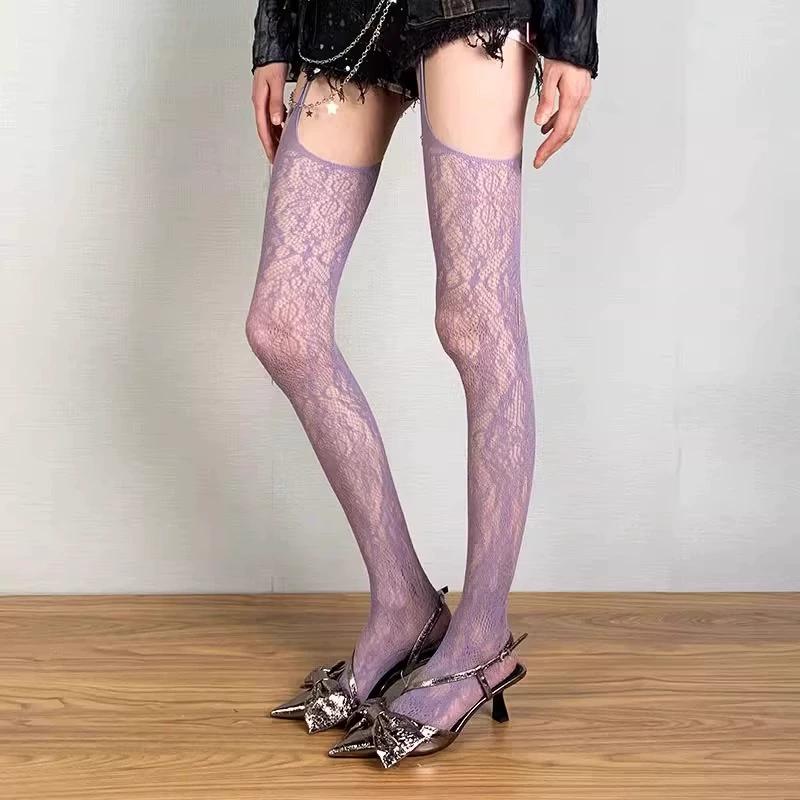 Lolita Süße Mädchen Punk Stil Florale Strumpfhosen Bunte Oberschenkelhohe Strümpfe Durchsichtige Netz-Strumpfhosen mit Strumpfhaltern Strumpfhaltergürtel Strumpfhosen One Size gray