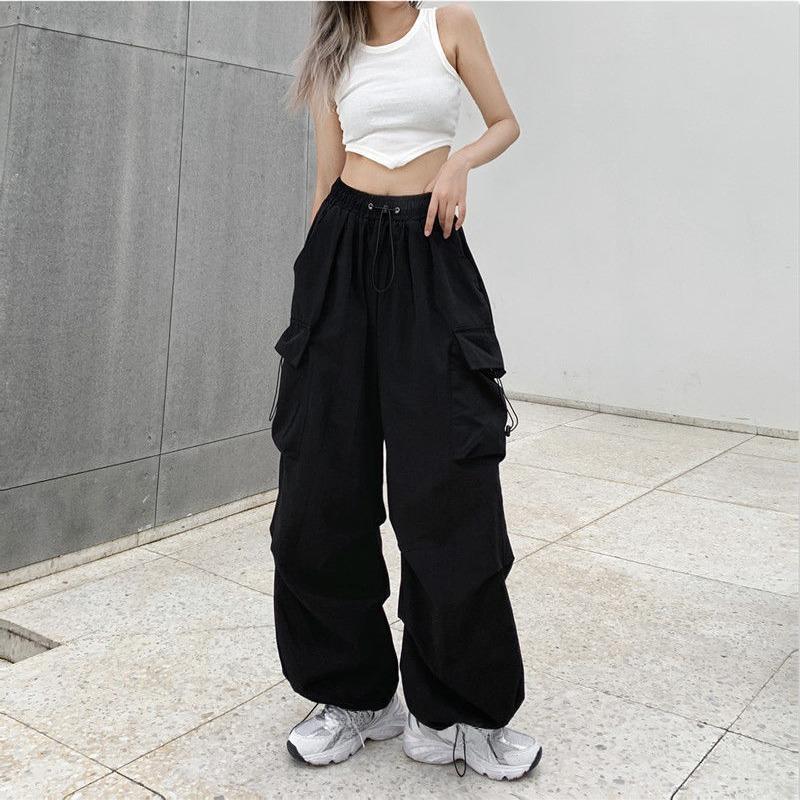 Y2K Frauen Streetwear Cargo Hosen Harajuku Casual Solide Baggy Gerade Hosen Mode Breite Bein Taschen Joggers Hosen M schwarz