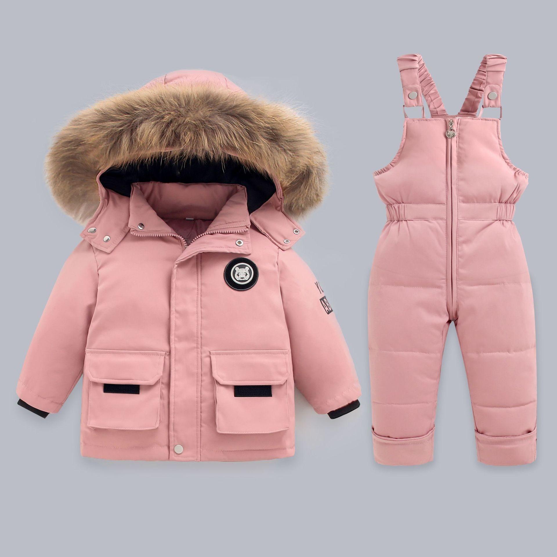 Outdoor Winter Warme Daunenjacken Jungen Verdicken Overall Parka Overalls Baby Kleinkind Mädchen Kleidung Kinder Schneeanzug Kinder Kleidung Set Zweiteiliges Set 120cm rosa