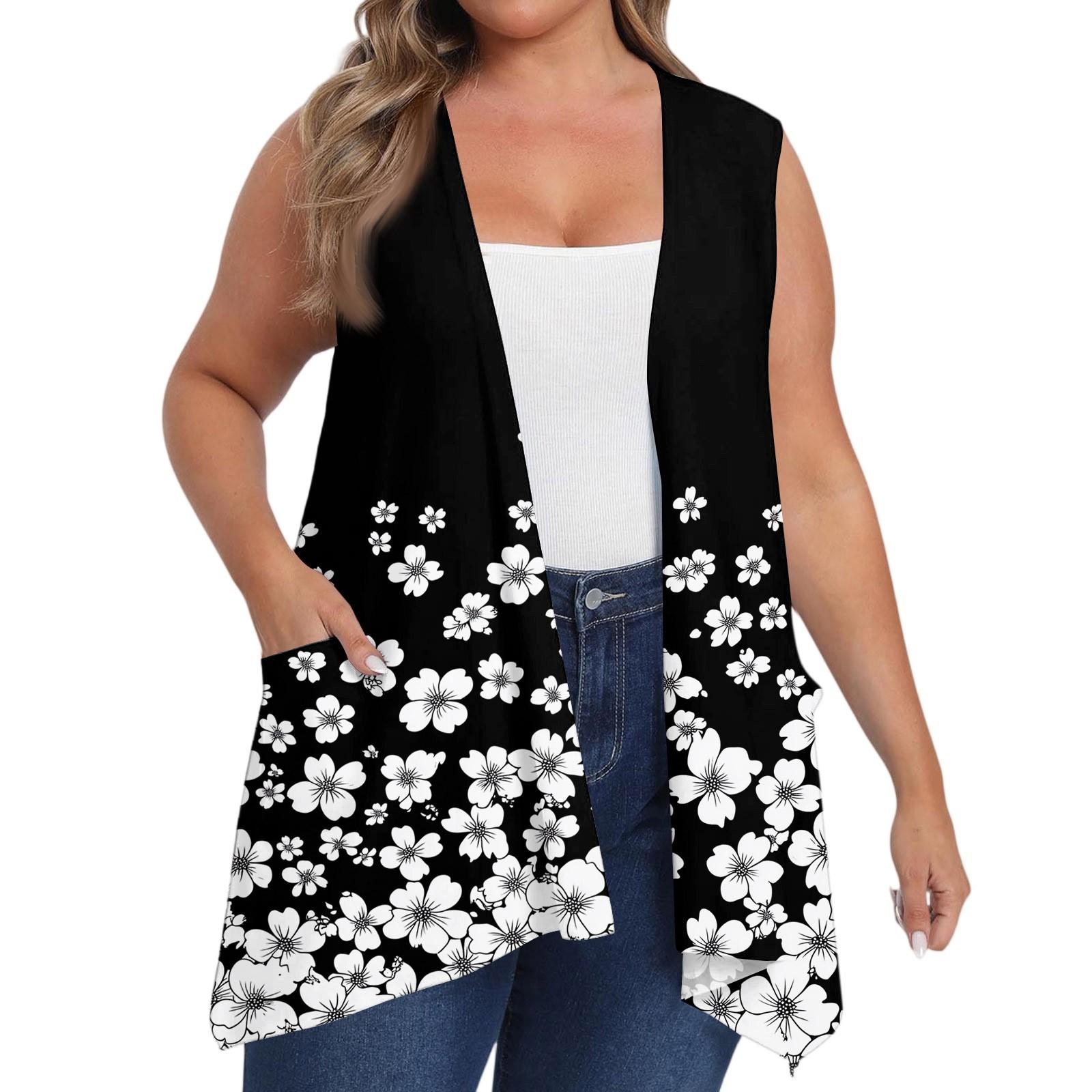 Damen Übergröße Locker Lässig Bedruckt Ärmellos Weste mit Tasche Strickjacke Jacke Strickjacke Jacke XL weiß