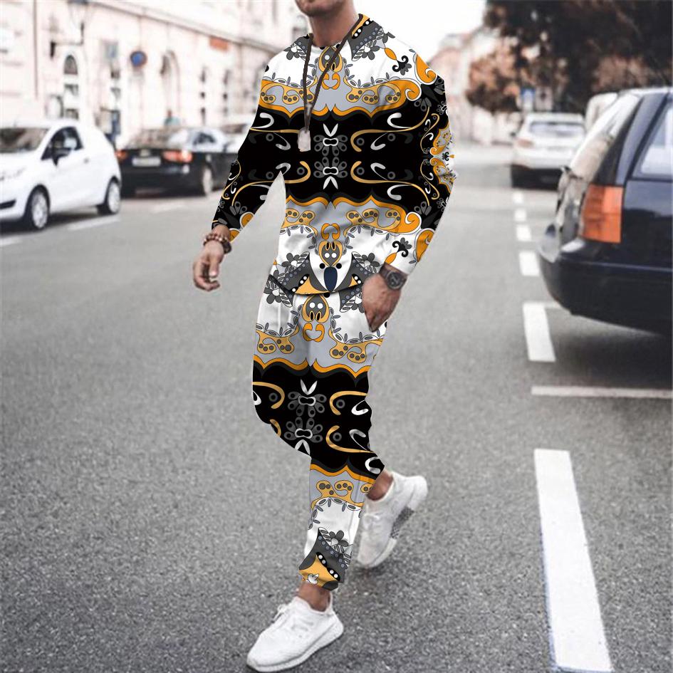 Mode Luxus Herren Anzug Langarm T-Shirt 2 Stück Sets 3D gedruckt Trainingsanzug Set Übergroße Herren Kleidung Trend Retro Streetwear XXXL