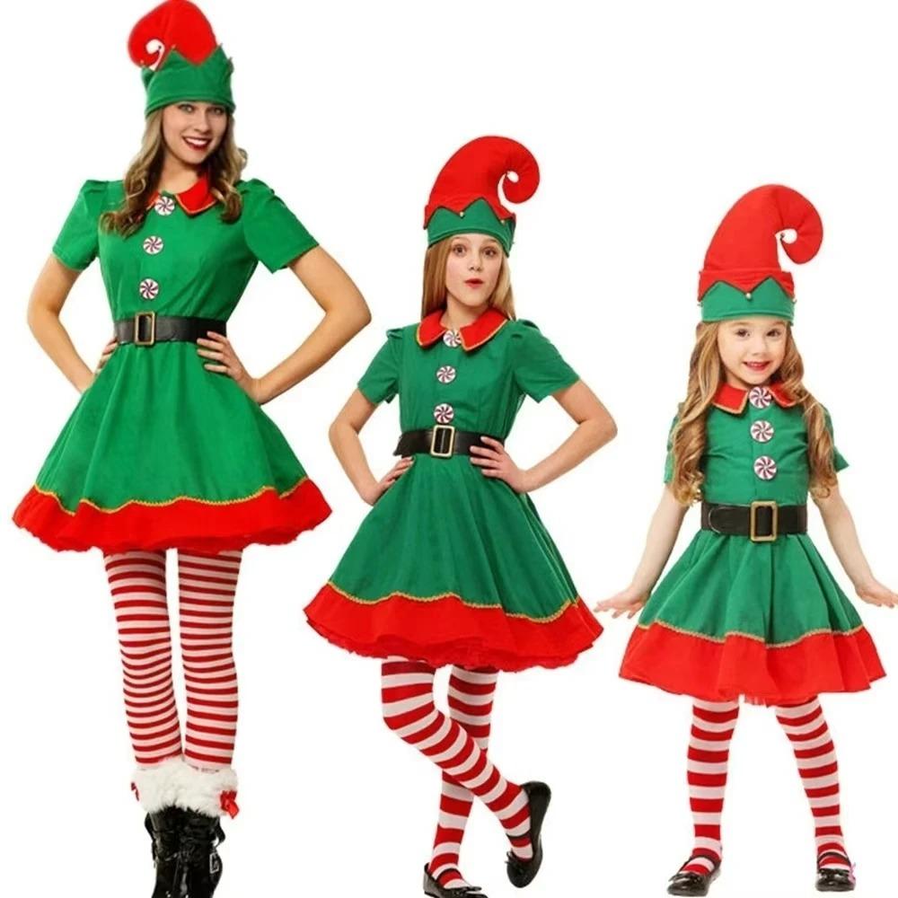 Mädchen Jungen Weihnachtself Kostüme Weihnachtsmann Anzug Festival Erwachsene Familie Halloween Cosplay Sets Grüne Elfen Kleidung 90 multi