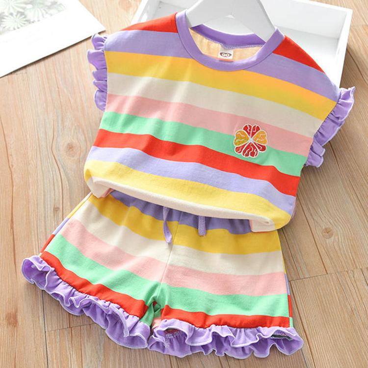 Zweiteiliger Anzug Kinderkleidung Sommer Regenbogen Freizeitanzug Mädchen Pilz T-Shirt Shorts 100 violett
