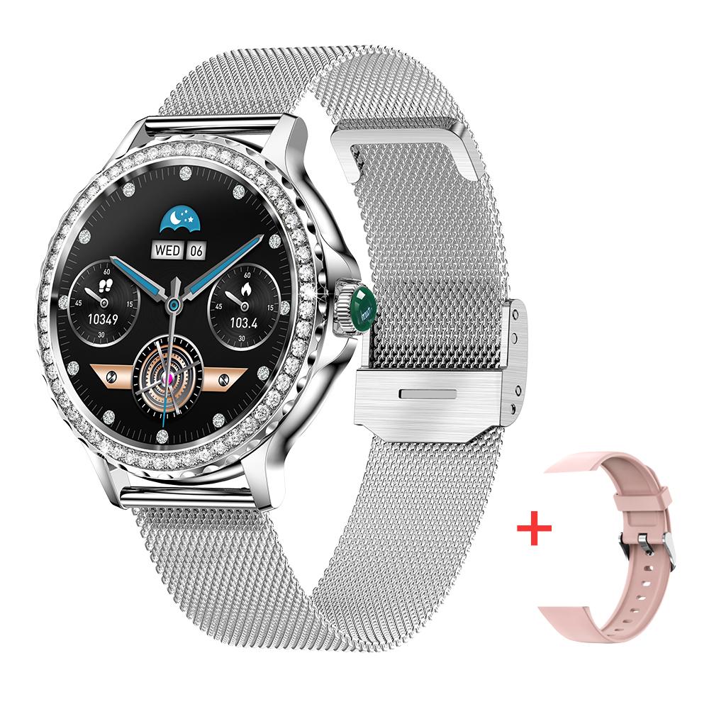 MEVADEN NEU Fashion Smart Watch für Damen Bluetooth Anruf 100 + Sportmodus Wasserdicht Fitness Frau Smartwatch DIY Custom Dials + Box silber